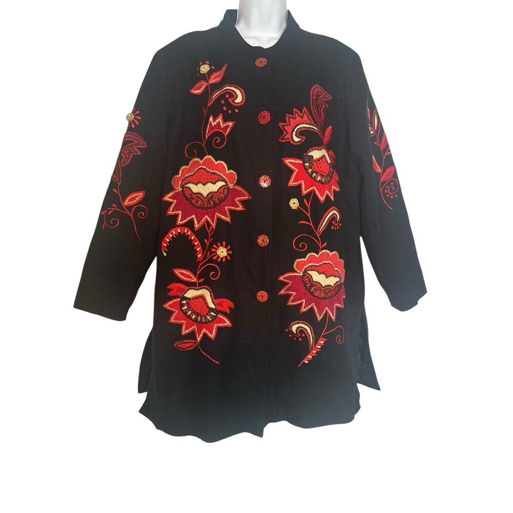 Cotton Boho Red Embroidered Floral Artsy Folk Statement Mid Length Blk Jacket L